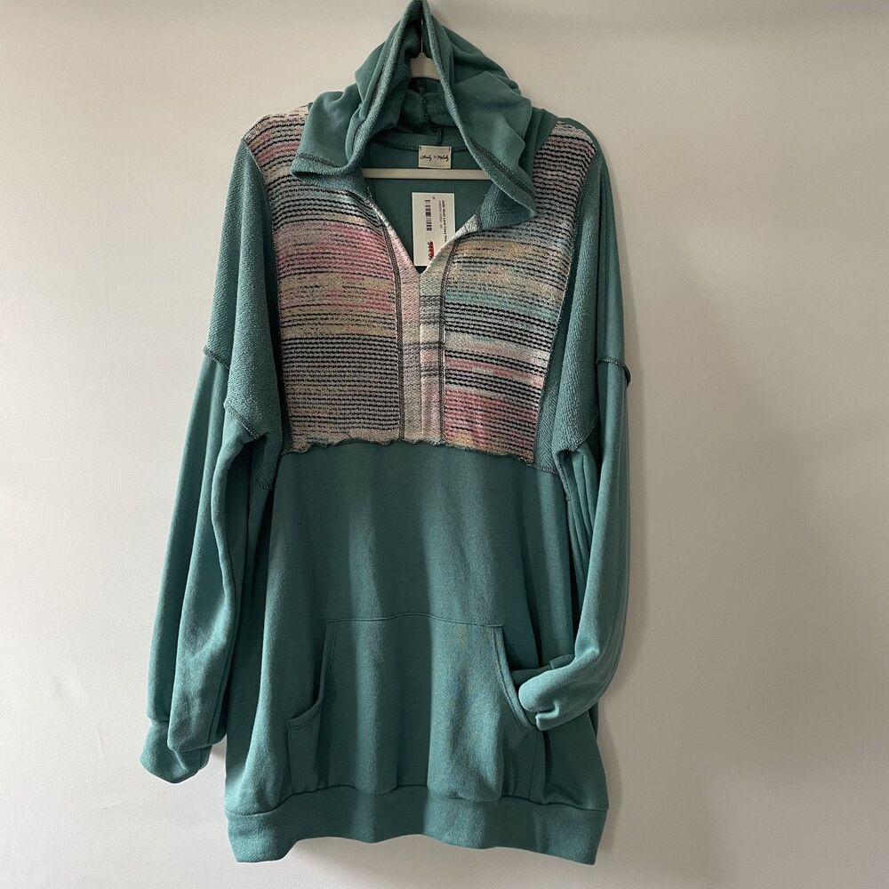 NWT Lovely Melody Hoodie Top Striped Jade Long Sleeve Kangaroo Pocket Size 3XL